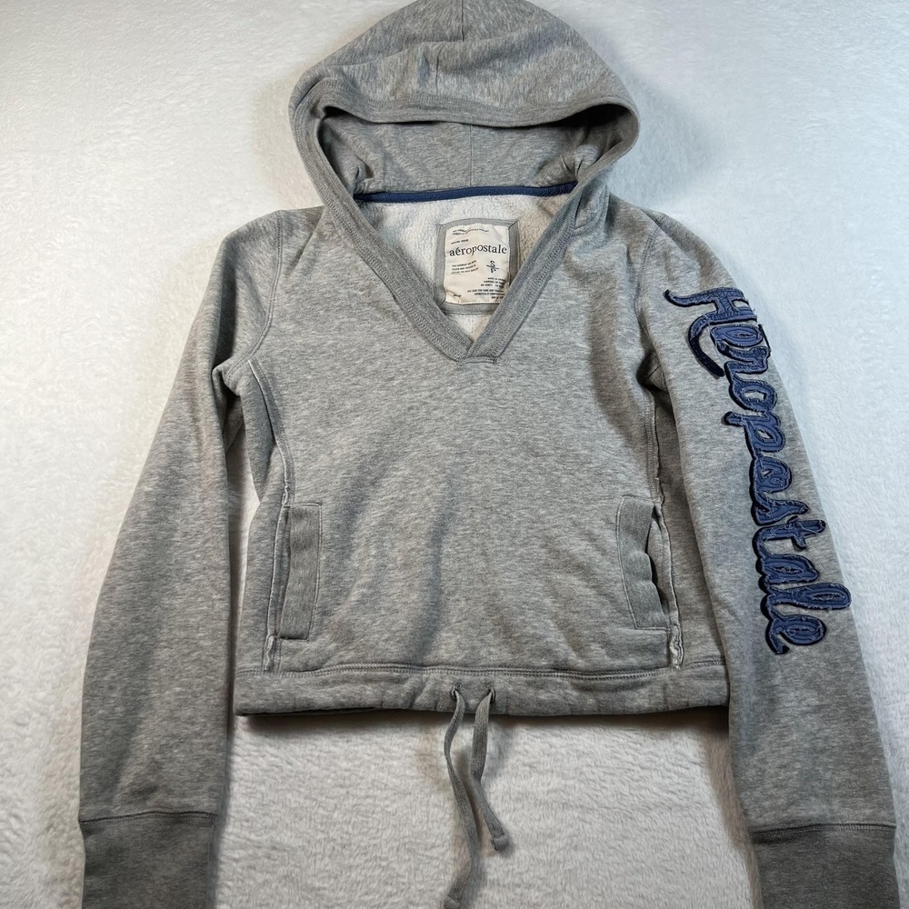 Aeropostale‎ Y2K Hoodie Womens Juniors Small Gray V-Neck Fleece Pullover Logo 87